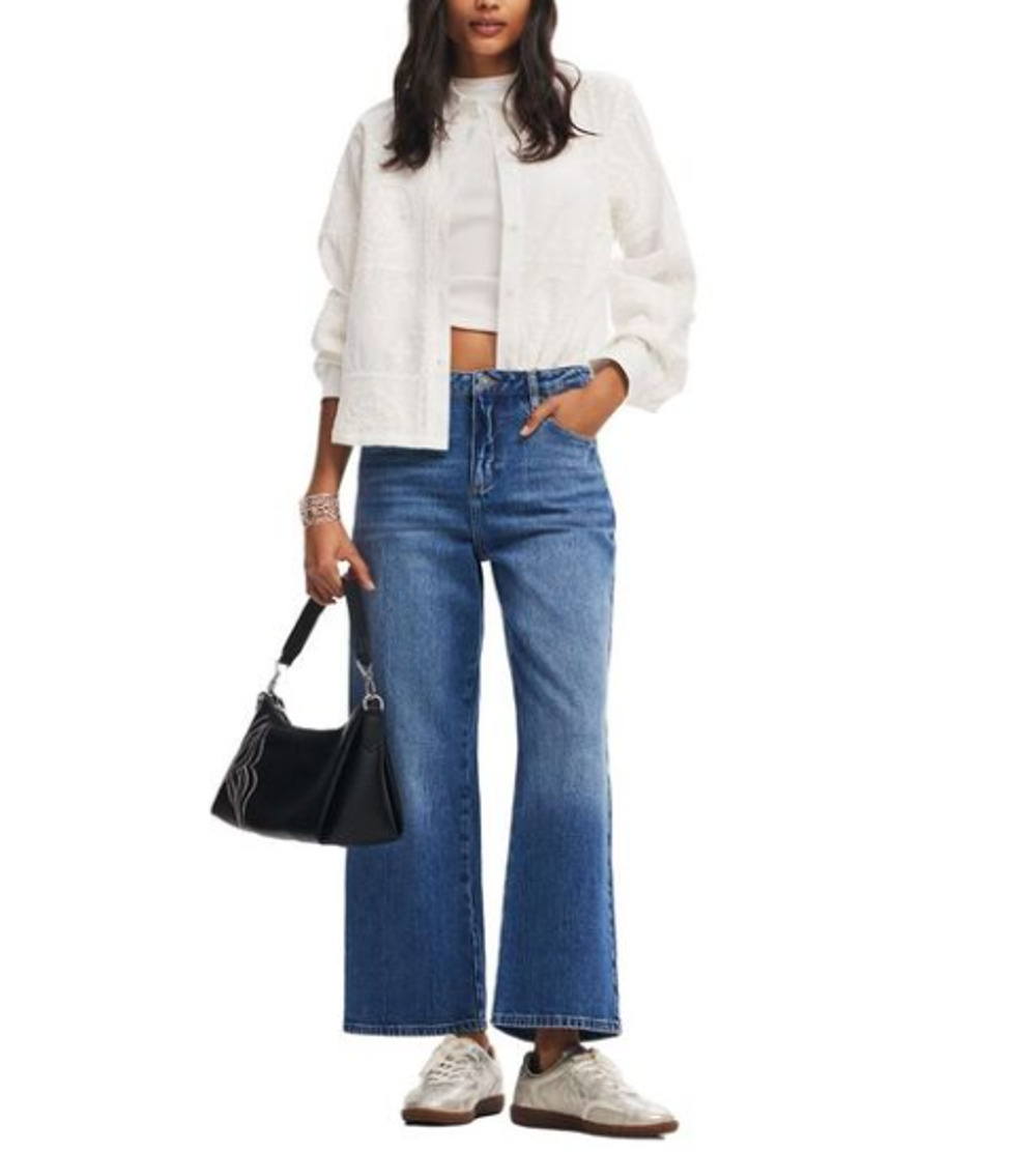 Desigual Women's Wide Leg Jeans US (12) High Waist Crop Med Rinse Preppy Boho
